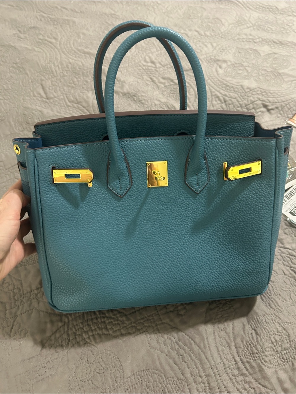 WIRKIN BAG.  Denim Blue Leather Bag with Gold Hardware - Picture 2 of 7